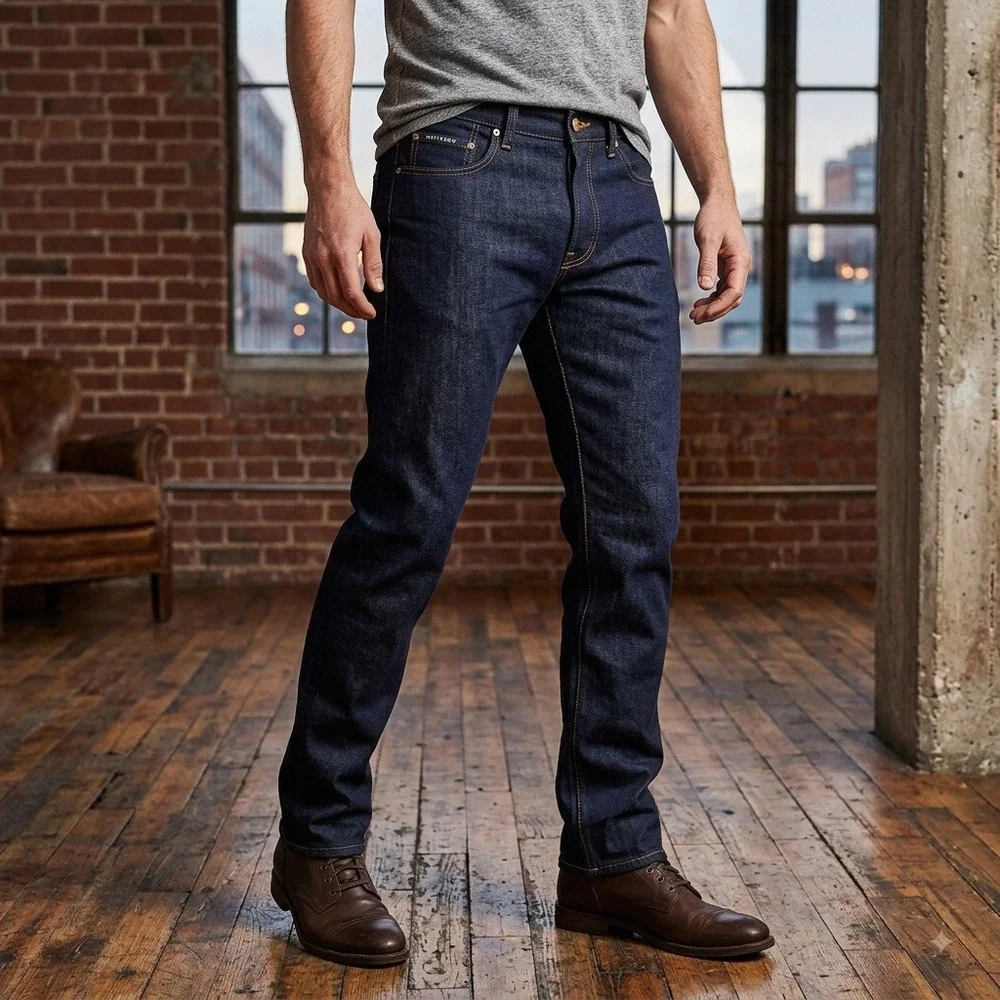 Mott & Bow Straight Jeans Mens 32x32 Dark Indigo 100% Cotton Rigid Denim MB001